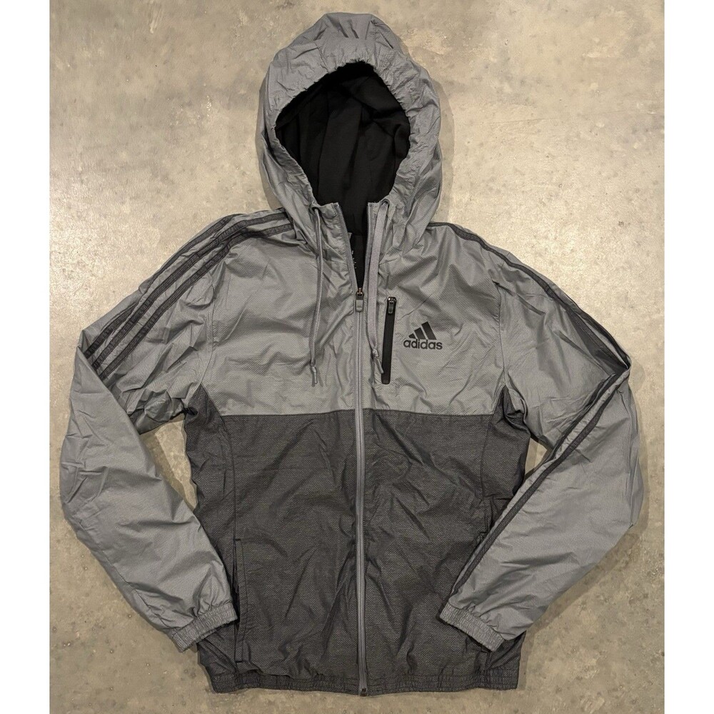 Adidas Nylon Windbreaker Jacket Mens Size Small Grey Full Zip Mesh Lined Hood